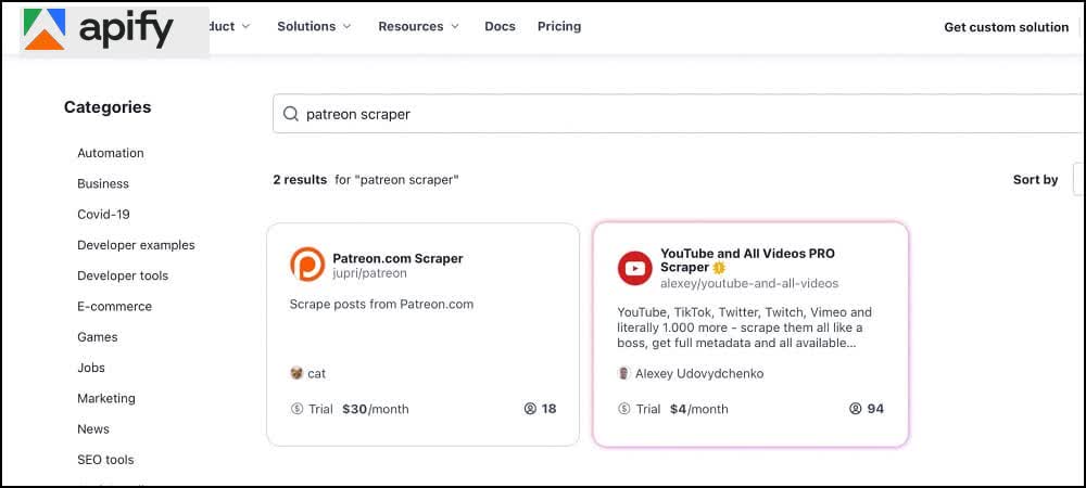 Apify 搜索 Patreon scraper 的页面截图