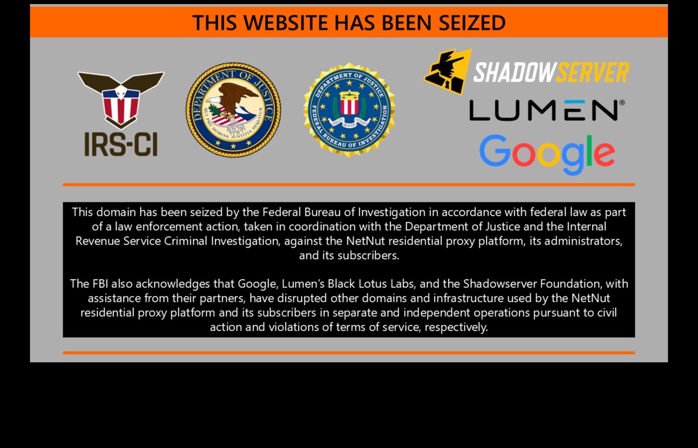 netnut.com 域名被 FBI 扣押的通知截图